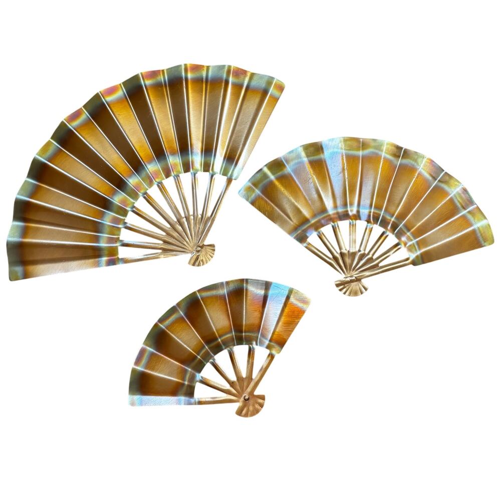 Vintage set (3) metal fans wall decor copper brass gold tones graduated sizes
